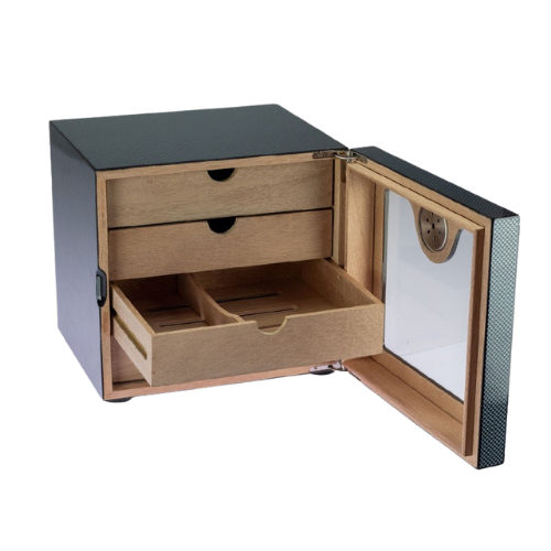 Bookwill Humidor kabinet 4-lades Carbon High Gloss voor 80 sigaren open met zicht op binnenkant