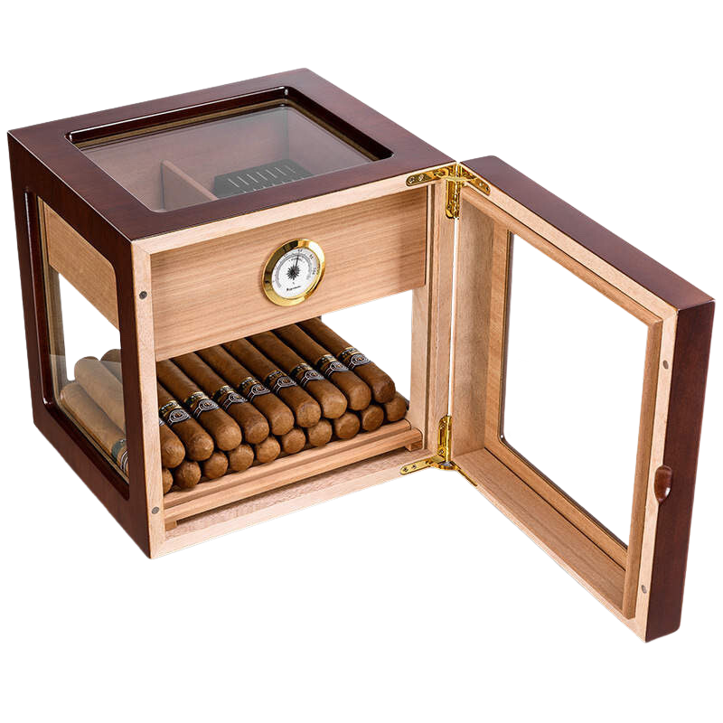 Eikenhouten humidor met deur en opberg la. gevuld met sigaren
