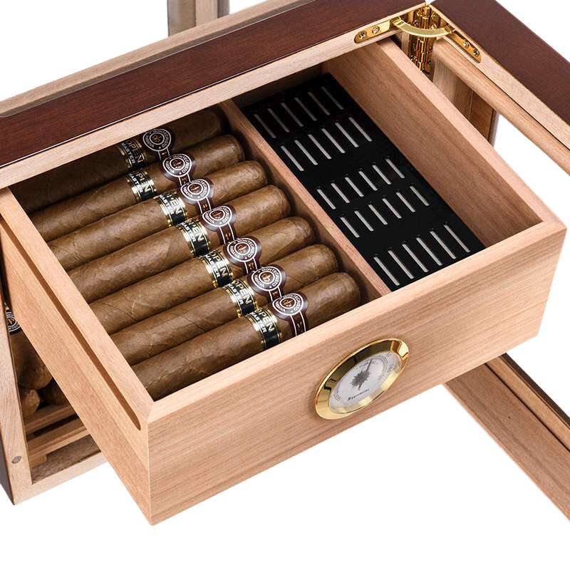 Lade in humidor met sigaren, hygrometer en bevochtiger