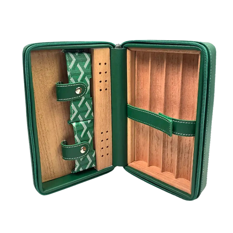 open groen ledere sigaren etui met humidifier