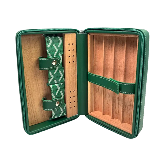 open groen ledere sigaren etui met humidifier