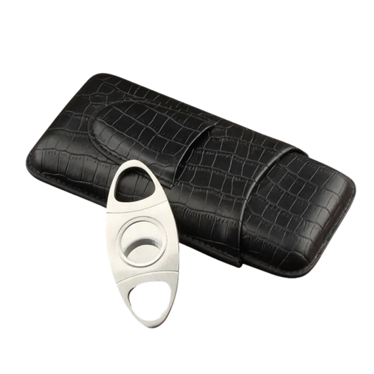 Zwart ledere sigarenkoker met RVS sigarenknipper