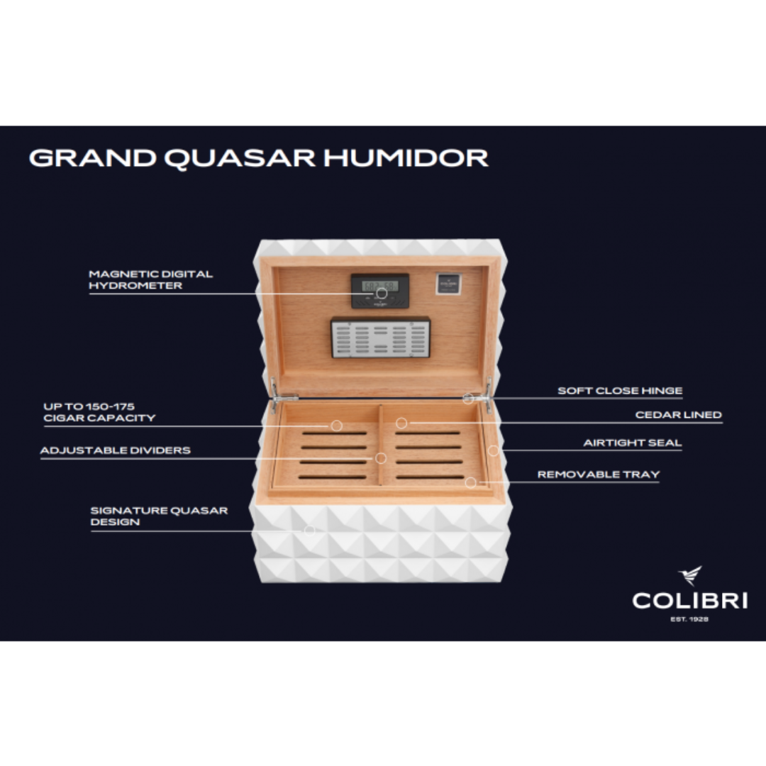 colibri Grand Quasar humidor wit met digitale hygrometer, cedar binnenzijde en capaciteit 150-175 sigaren