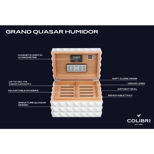 colibri Grand Quasar humidor wit met digitale hygrometer, cedar binnenzijde en capaciteit 150-175 sigaren