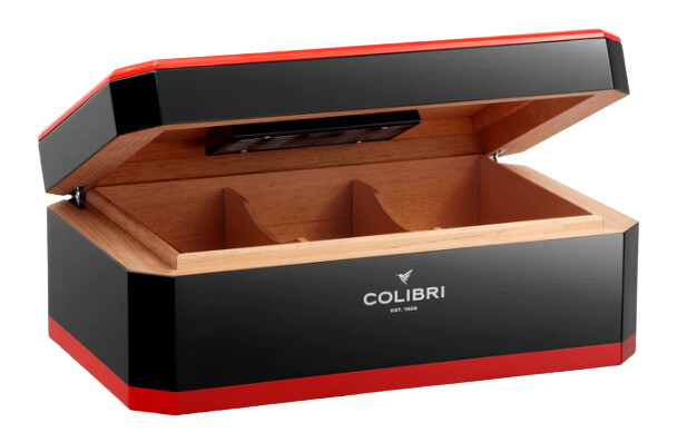 colibiri rally humidor in zwart/rood geopend