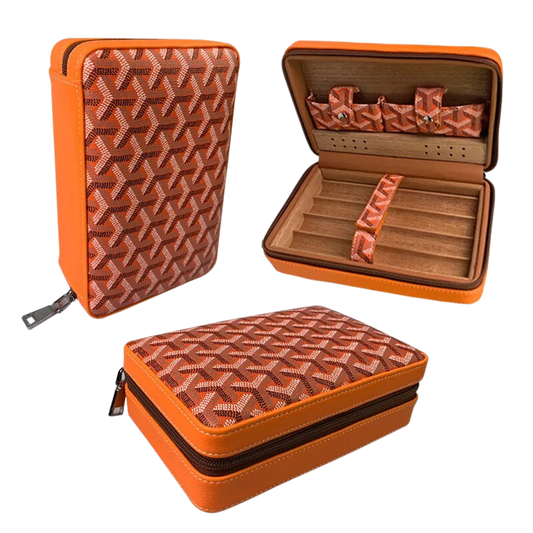 3 aanzichten van bruin ledere sigaren etui