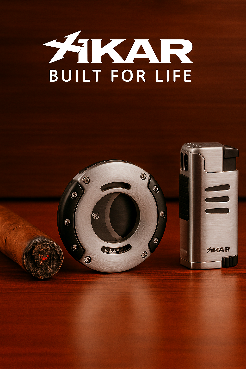"XIKAR sigarenaccessoires: een luxe ronde cigar cutter, een zilveren torch aansteker en een deels opgerookte sigaar op een houten achtergrond, met het XIKAR-logo en de slogan 'Built for Life' erboven.