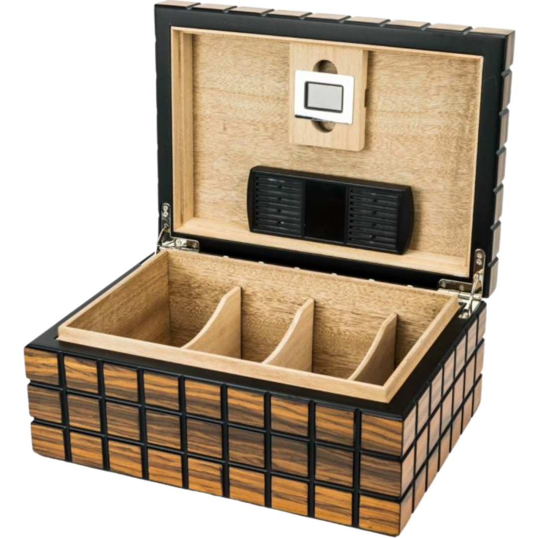 Passetore Humidor Black/Makassar voor ca. 40 sigaren, H14.6 x W34 x D24 cm geopend vooraanzicht