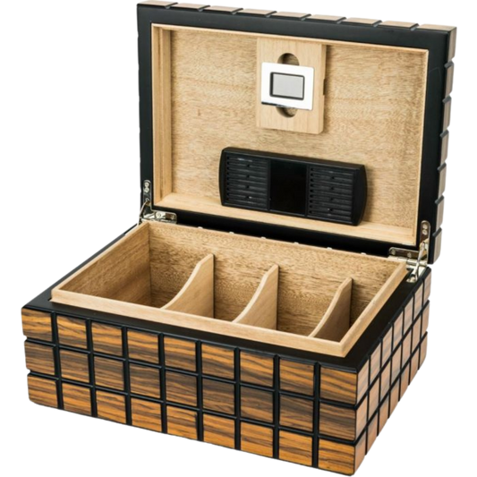 Passetore Humidor Black/Makassar voor ca. 40 sigaren, H14.6 x W34 x D24 cm geopend vooraanzicht