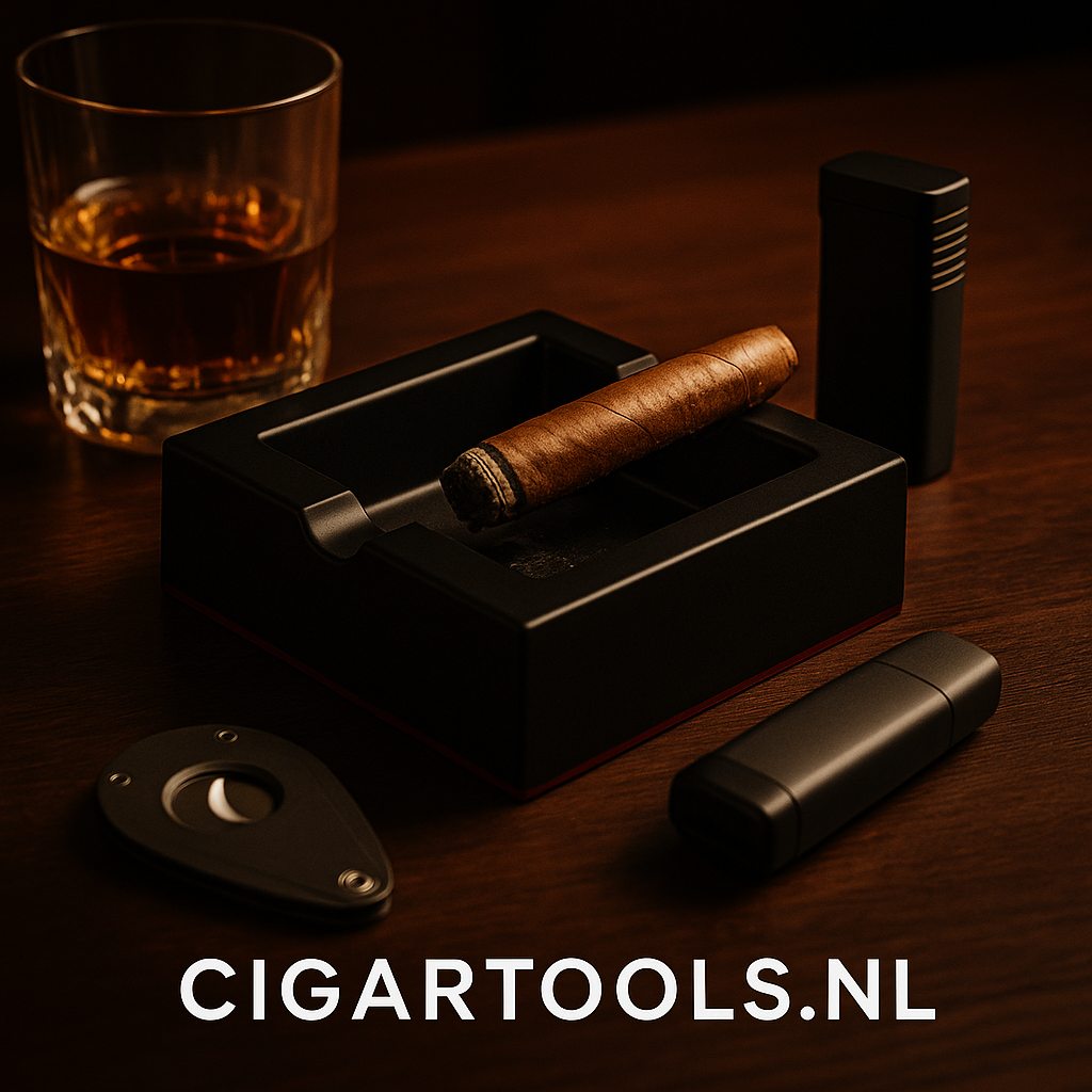 luxe sigarenset met zwarte asbak, sigaar, aansteker en whisky op houten tafel – stijlvolle rookomgeving voor sigarenliefhebbers