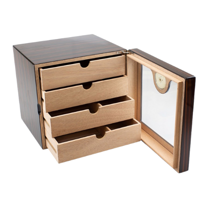 Bookwill Humidor kabinet 4-lades Teak High Gloss voor 80 sigaren open met zicht op binnenkant