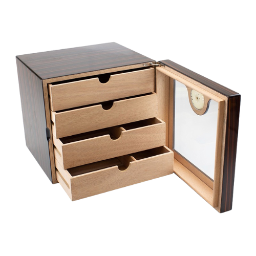 Bookwill Humidor kabinet 4-lades Teak High Gloss voor 80 sigaren open met zicht op binnenkant