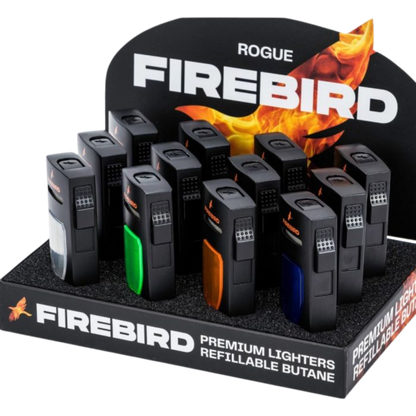 Firebird Rogue Jet Flame aansteker – windbestendige torch lighter met grote brandstoftank 12 stuks display