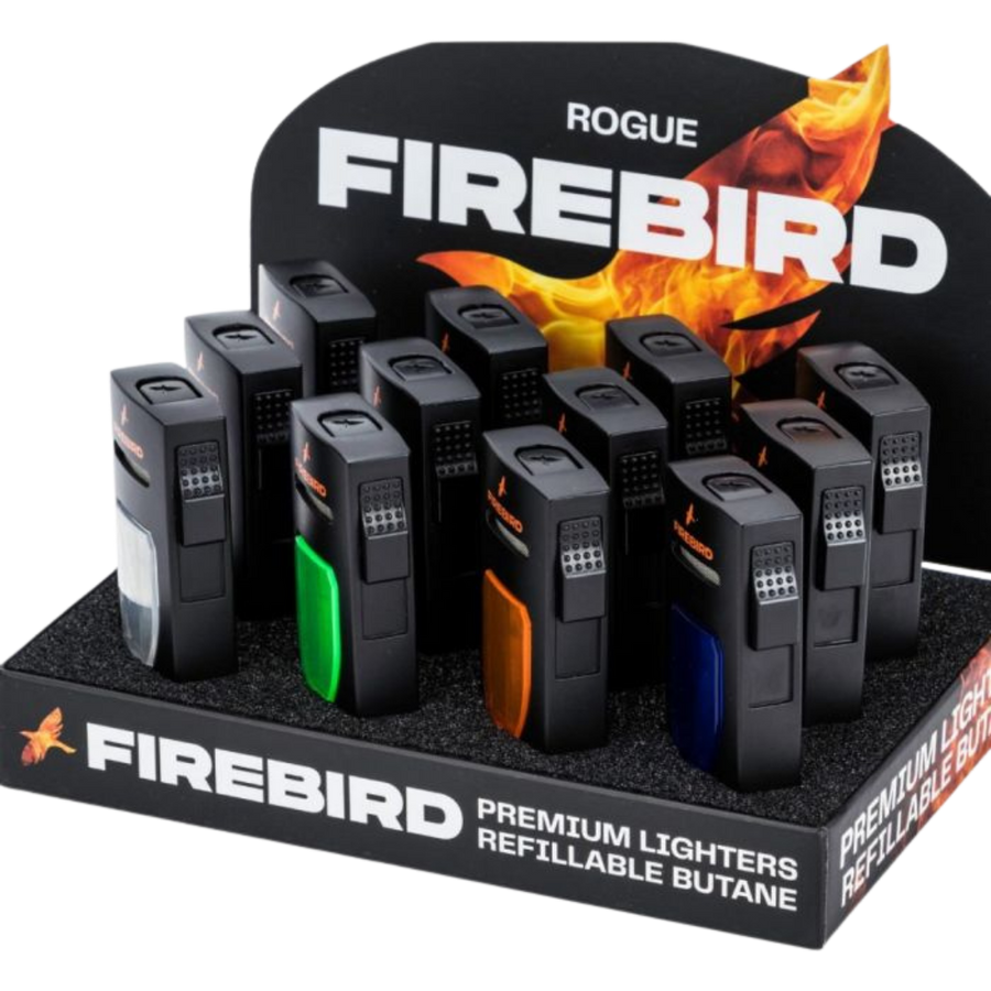 Firebird Rogue Jet Flame aansteker – windbestendige torch lighter met grote brandstoftank 12 stuks display