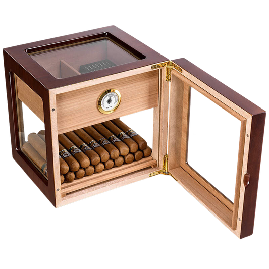 Eikenhouten humidor met deur en opberg la. gevuld met sigaren