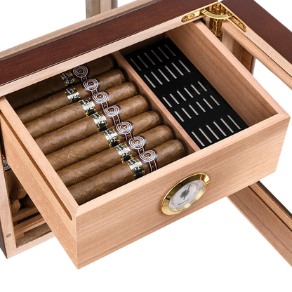 Lade in humidor met sigaren, hygrometer en bevochtiger