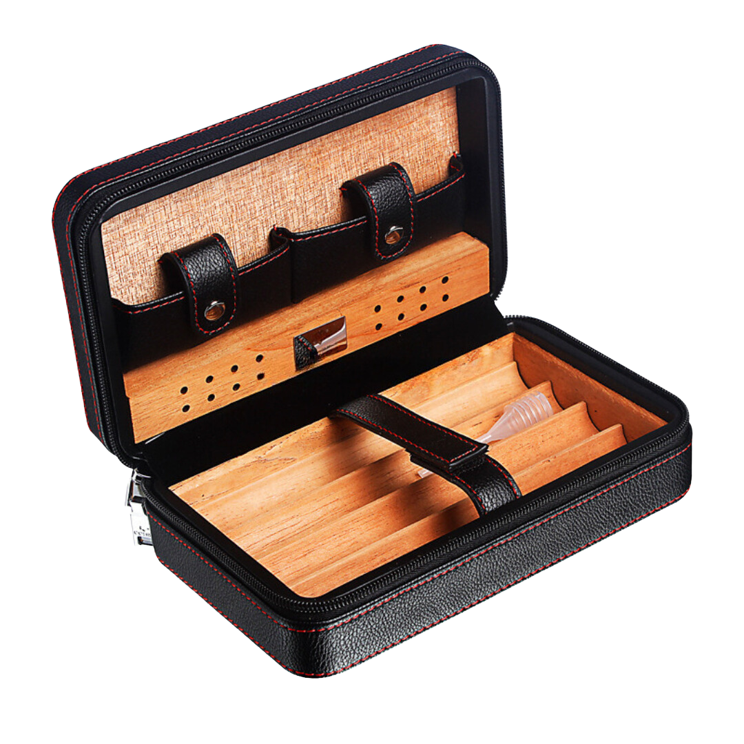 Zwart ledere sigaren etui en reis humidor