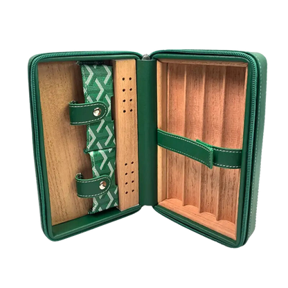 open groen ledere sigaren etui met humidifier