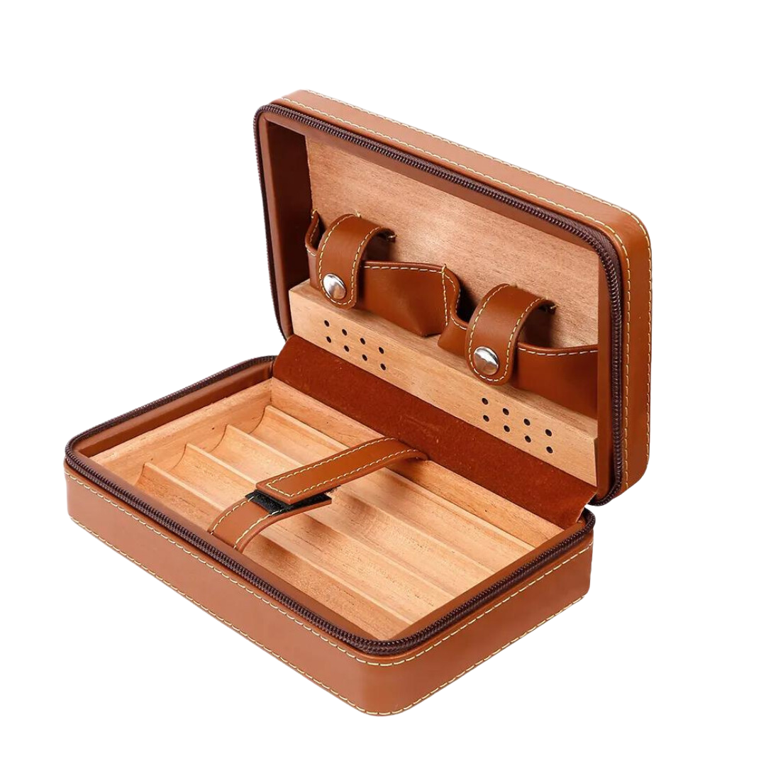 Cognac bruin ledere sigaren etui van cedar hout