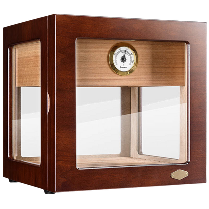 Grote eikenhouten humidor met 5 glazen zijde en analoge hygrometer
