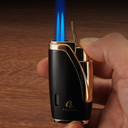 jetflame aansteker met dubbele blauwe vlammen aan