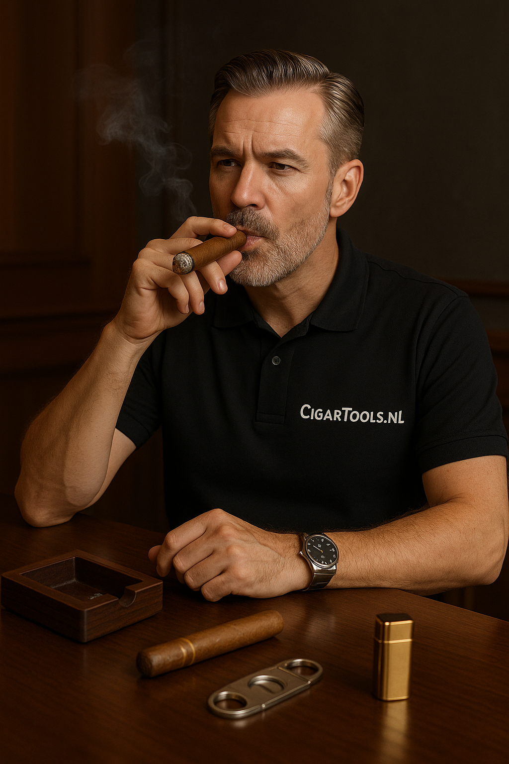 een man die een sigaar rookt. met een shirt aan met cigartools.nl erop